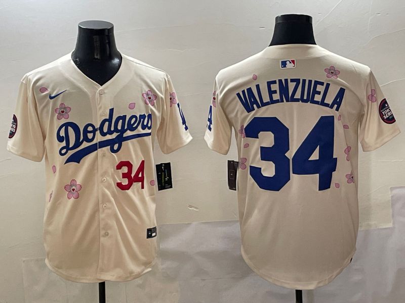 Men Los Angeles Dodgers #34 Valenzuela Cream White Blue Sakura Edition 2025 Nike MLB Jersey style 2->los angeles dodgers->MLB Jersey